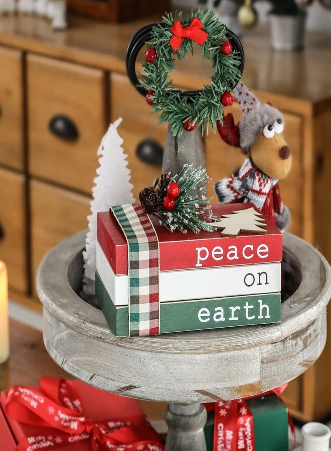 KORMMCO Christmas Wood Book Stack, Christmas Tiered Tray Decor, Peace on Earth Mini Faux Decorative Books with Pine Berry, Farmhouse Book Decor for Home Table Mantle Shelf - Image 2